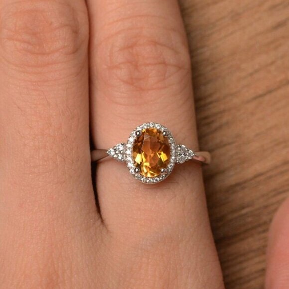 Jewelry - Sterling Silver 925 Oval Citrine & Moissanite Halo Ring